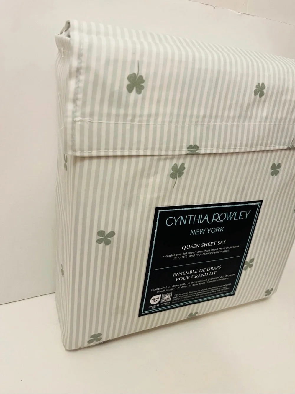 Cynthia Rowley Stripe Shamrock Queen Sheet Set Green White Irish St. Patrick